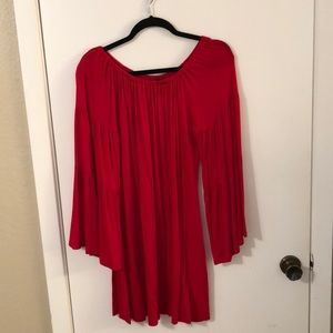 Red/ off the shoulder dress.